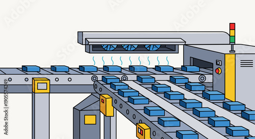 Industrial Conveyor Belt System with Blue Containers.