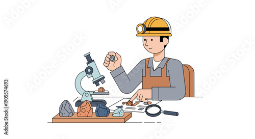 Scientist Examining Mineral Specimen with Microscope.