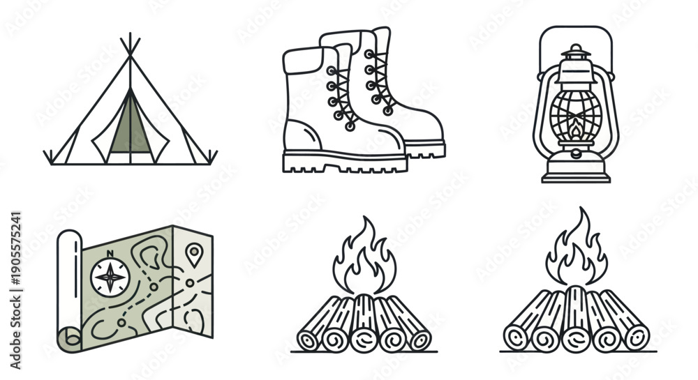 Fototapeta premium Camping and Hiking Icons: Tent, Boots, Lantern, Map, Campfire, Vector Graphics