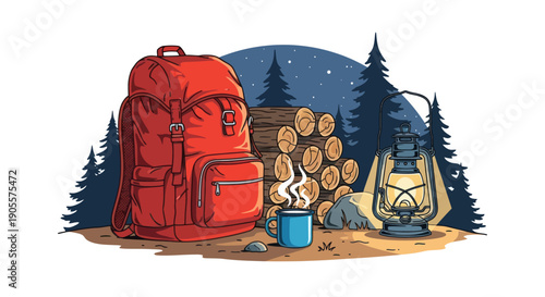 Camping Adventure: Red Backpack, Campfire Logs, Lantern, and Hot Drink Under Stars