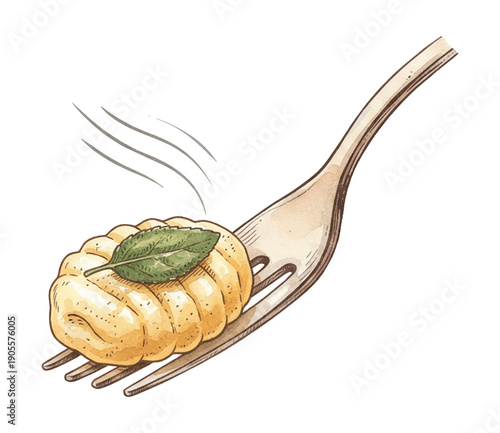 Fresh hot gnocchi pasta with a sage leaf resting on a silver fork with steam rising illustration