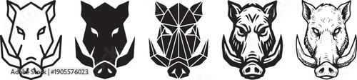 A set of five wild boar head icons presented in various black and white illustrative styles.