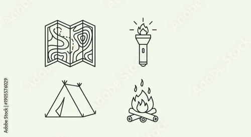 Camping Icons Set: Tent, Map, Flashlight, Campfire - Outdoor Adventure
