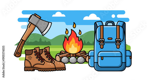Camping Gear: Axe, Boots, Backpack, Campfire, Nature Background Flat Design