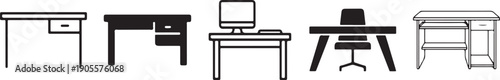 A collection of minimalist black and white icons representing various types of office desks