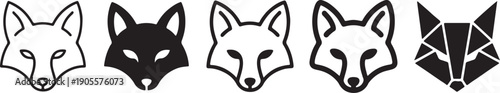 A row of five stylized fox head icons in black and white, showcasing different minimalist design approaches