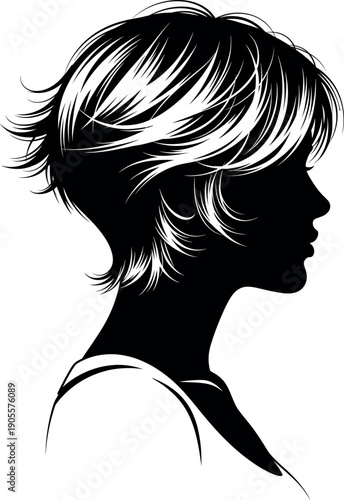 Black and white silhouette of a woman profile with short textured hairstyle for beauty salon hair care and modern feminine fashion design.