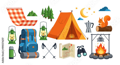 Camping Gear Collection: Tent, Backpack, Fire, Squirrel, Nature Icons
