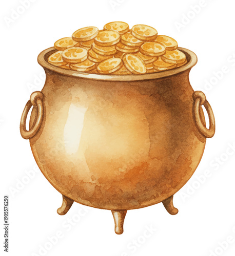 A shiny golden pot overflowing with many brilliant gold coins depicting wealth and prosperity in watercolor style