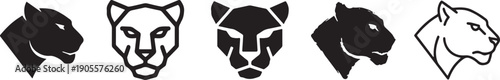 A collection of five different stylized black and white panther or jaguar head icons for logo design