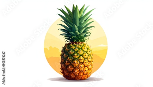 Stylized pineapple against a warm, hazy sun and land backdrop. Artful design evokes tropic vibes and summery freshness