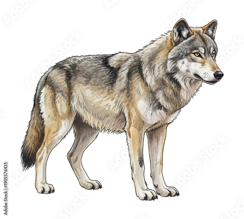A detailed watercolor illustration of a majestic gray wolf standing alert with a keen gaze