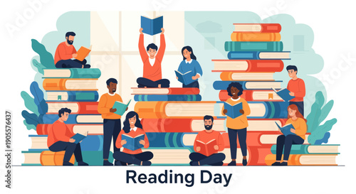 Diverse people reading books stacked high, celebrating literacy and knowledge