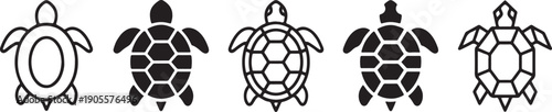A set of five minimalist sea turtle icons in a horizontal row, alternating between black outlines and solid black fills on a white background.