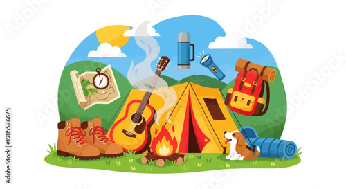 Camping Adventure: Tent, Guitar, Fire, Backpack, Map, Boots, Dog, Thermos