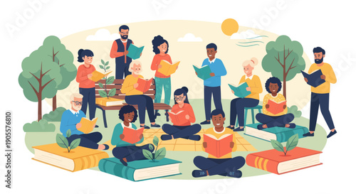 Diverse Group Reading Books Outdoors in a Park