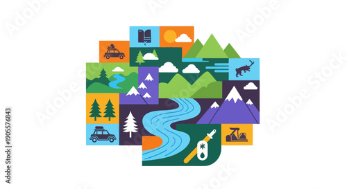 Abstract Nature Collage: Mountains, Rivers, Forests, Wildlife, and Adventure