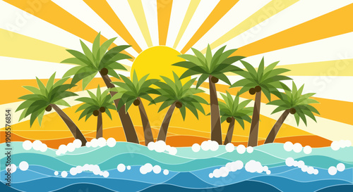 Tropical Island Paradise: Palm Trees, Ocean Waves, and Bright Sun Rays