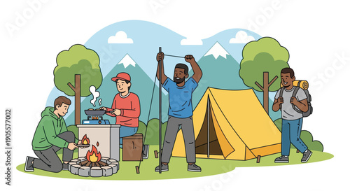 Diverse friends camping and setting up tent in nature with mountains