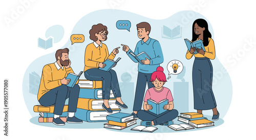 Diverse people reading books in a group, learning, sharing knowledge, and ideas