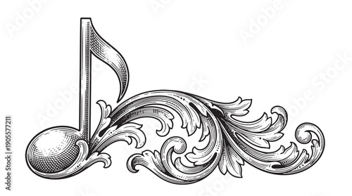 Intricate baroque musical note adornment with flowing acanthus leaf swirls, rendered in a classic engraving style, symbolizing ornate melody and artistic expression
