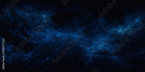 An abstract space background features a dark blue cosmos filled with bright stars, a glowing nebula cloud, and ethereal light textures for a fantasy astronomy illustration