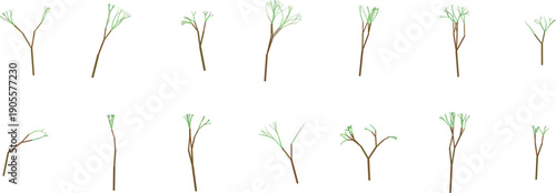 Variations of tree branch illustrations with leaves and flowers