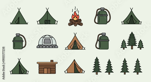 Camping Icons: Tents, Campfire, Water Bottles, Cabin, Trees