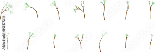 Variety of bare and leafy tree branches in a grid layout