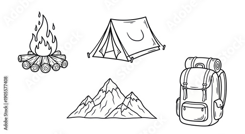 Camping Adventure Elements: Tent, Campfire, Backpack, Mountains - Hand Drawn Icons