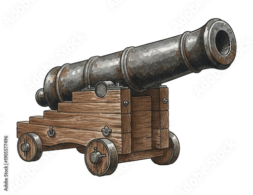 Old Rustic Artillery Cannon on Wooden Carriage with Wheels Detailed Illustration Vintage Style