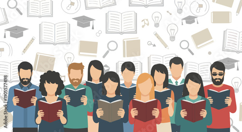 Diverse group of people reading books together, education and knowledge concept