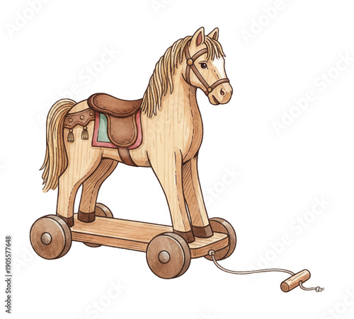 Wooden pull along toy horse with wheels and saddle children's classic plaything watercolor illustration