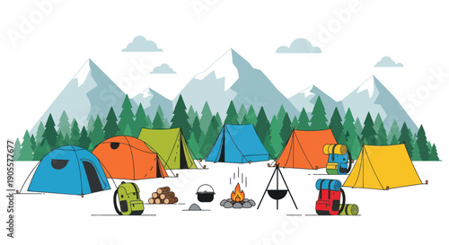 Colorful Camping Tents and Outdoor Gear in Mountain Landscape