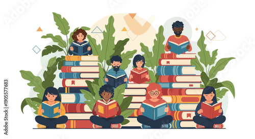 Diverse Group of People Reading Books in a Lush Green Environment
