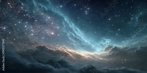 A dramatic deep space background with stars meets a dark stormy cloudscape under a blue sunset atmosphere