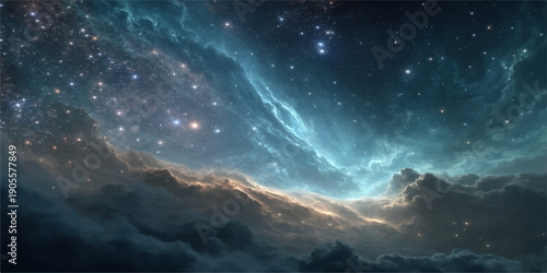 A beautiful evening cloudscape unfolds as a bright sunset fades into a starry night sky over the sea, reflecting a colorful atmosphere across the summer landscape