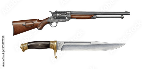Detailed Engraved Lever Action Rifle and Hunting Knife with Wooden Handles on Black Background