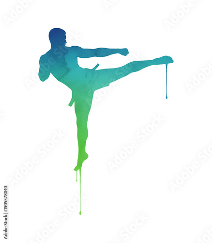 Dynamic male silhouette in high kick martial arts pose with vibrant blue green watercolor paint drip effect