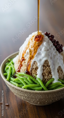 Delicious Cendol Dessert with Coconut Milk and Syrup.