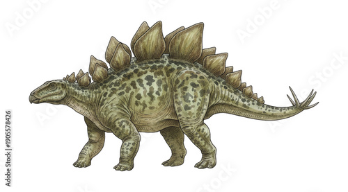 Stegosaurus dinosaur walking showing its distinctive back plates and spiked tail a realistic scientific illustration