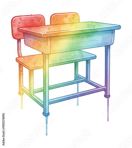 Vibrant Watercolor School Desk and Chair in Rainbow Gradient Colors Bright and Cheerful Artistic Illustration