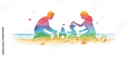 Happy family parents and child building a sandcastle together on the beach with colorful watercolor art