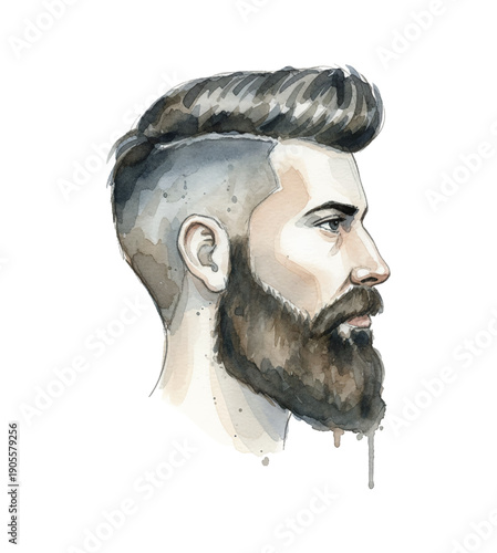 Caucasian Man Profile with Modern Haircut and Full Beard in Watercolor Style with Neutral Expression
