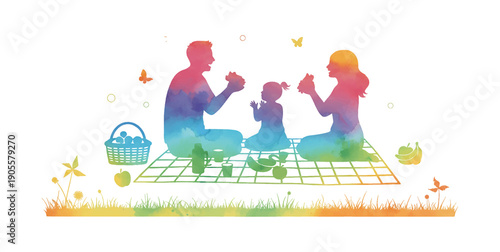 Happy family enjoys a colorful watercolor picnic eating outdoors on a vibrant grass field with butterflies