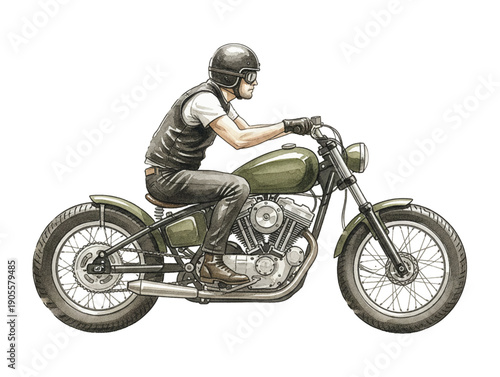 Man riding a classic olive green motorcycle with helmet and goggles in a determined side view illustration