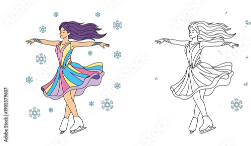 Beautiful girl figure skater on ice with snowflakes. Vector illustration set showing colored character and black and white outline for coloring book page.