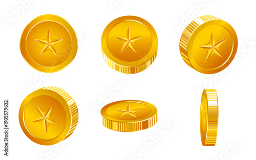 Star 3d coin isolated. Game gold coin, game chip with star shape turn around. Realistic vector isolated money elements for online gambling games, casino prize and investment concept.