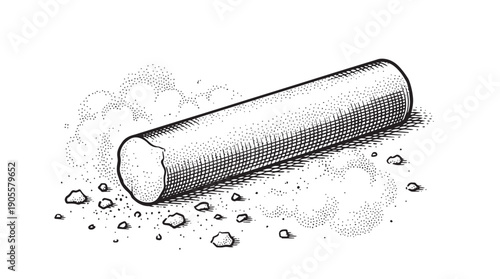 A single white chalk stick lies on a dusty surface, surrounded by loose chalk powder and small broken pieces, rendered in a detailed, textured hatching art style