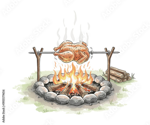 Delicious whole chicken roasting on a spit over a vibrant campfire with smoke rising in a wilderness setting